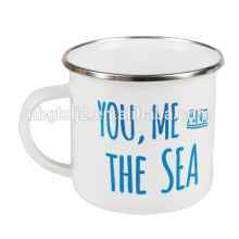 Outdoor Stainless Steel Rim Enamelware Cup, white color enamel mug